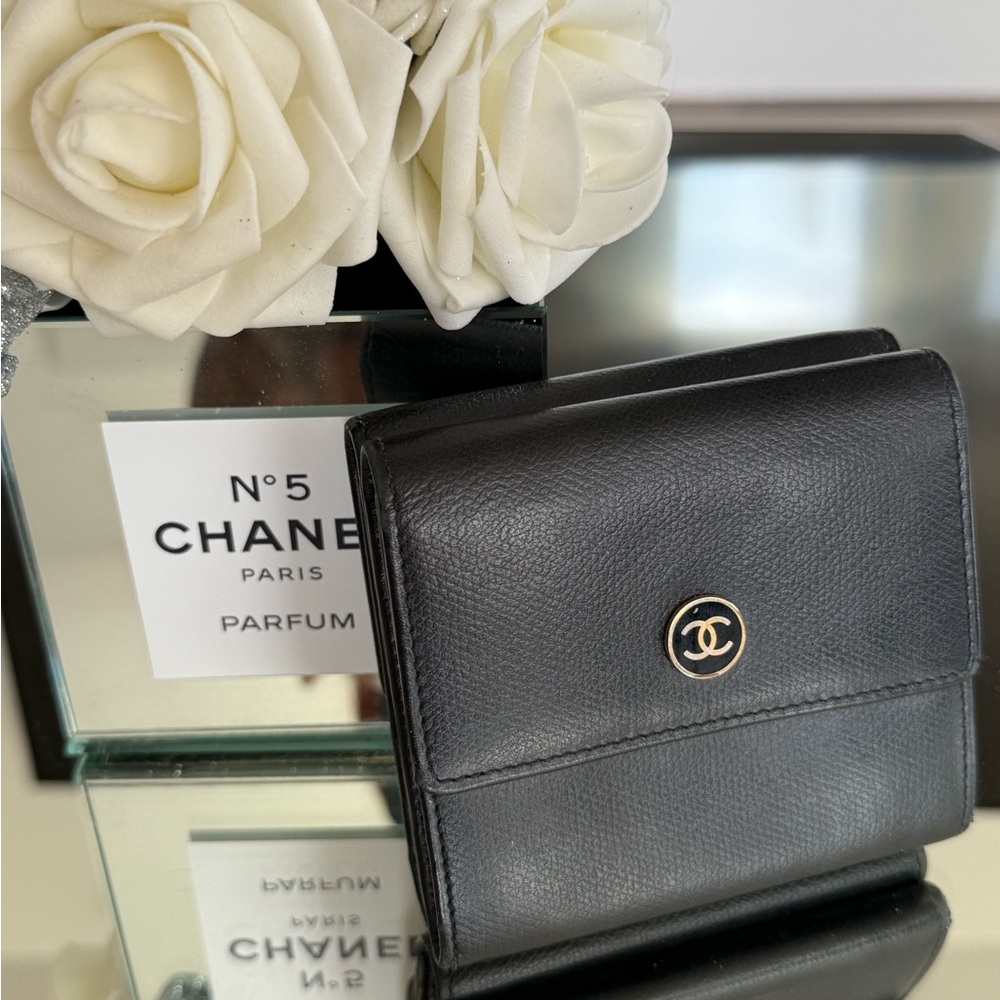 CHANEL Black Leather Wallet with Gold Logo